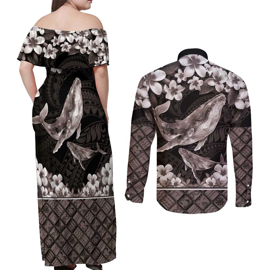 Hawaiian Plumeria and Humpback Whales Couples Matching Off Shoulder Maxi Dress and Long Sleeve Button Shirt Polynerian Art Tattoo-Grayscale Mode LT03 - Polynesian Pride