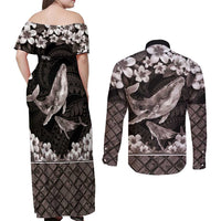 Hawaiian Plumeria and Humpback Whales Couples Matching Off Shoulder Maxi Dress and Long Sleeve Button Shirt Polynerian Art Tattoo-Grayscale Mode LT03 - Polynesian Pride