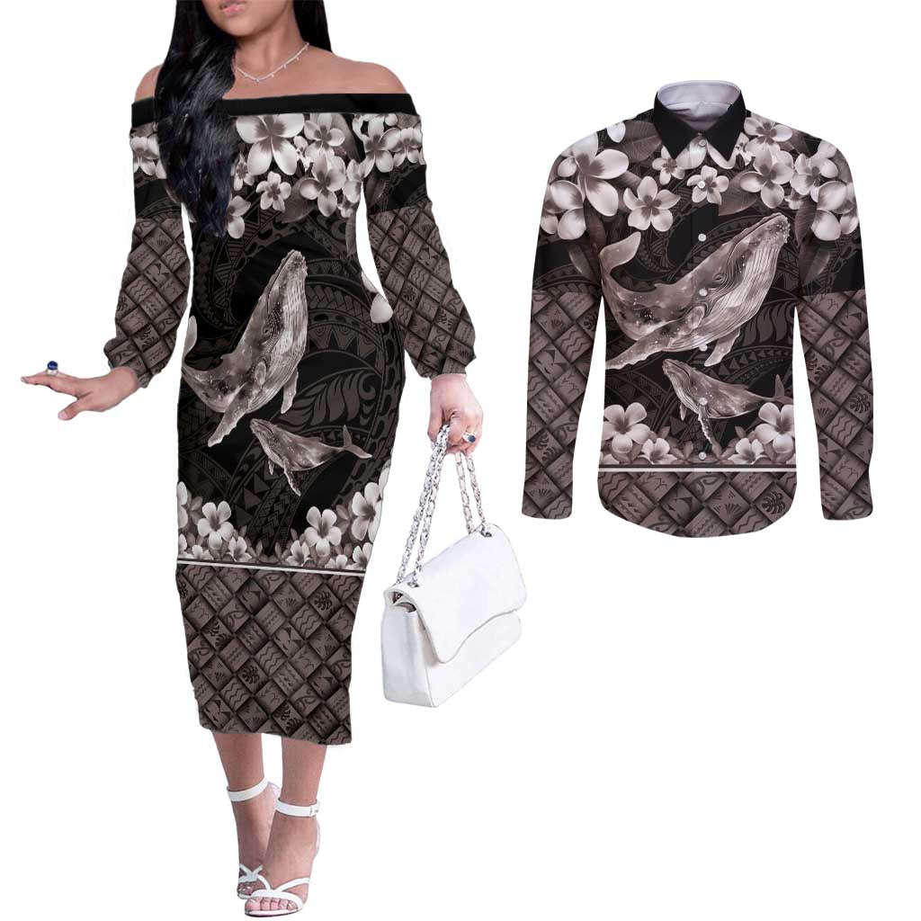 Hawaiian Plumeria and Humpback Whales Couples Matching Off The Shoulder Long Sleeve Dress and Long Sleeve Button Shirt Polynerian Art Tattoo-Grayscale Mode