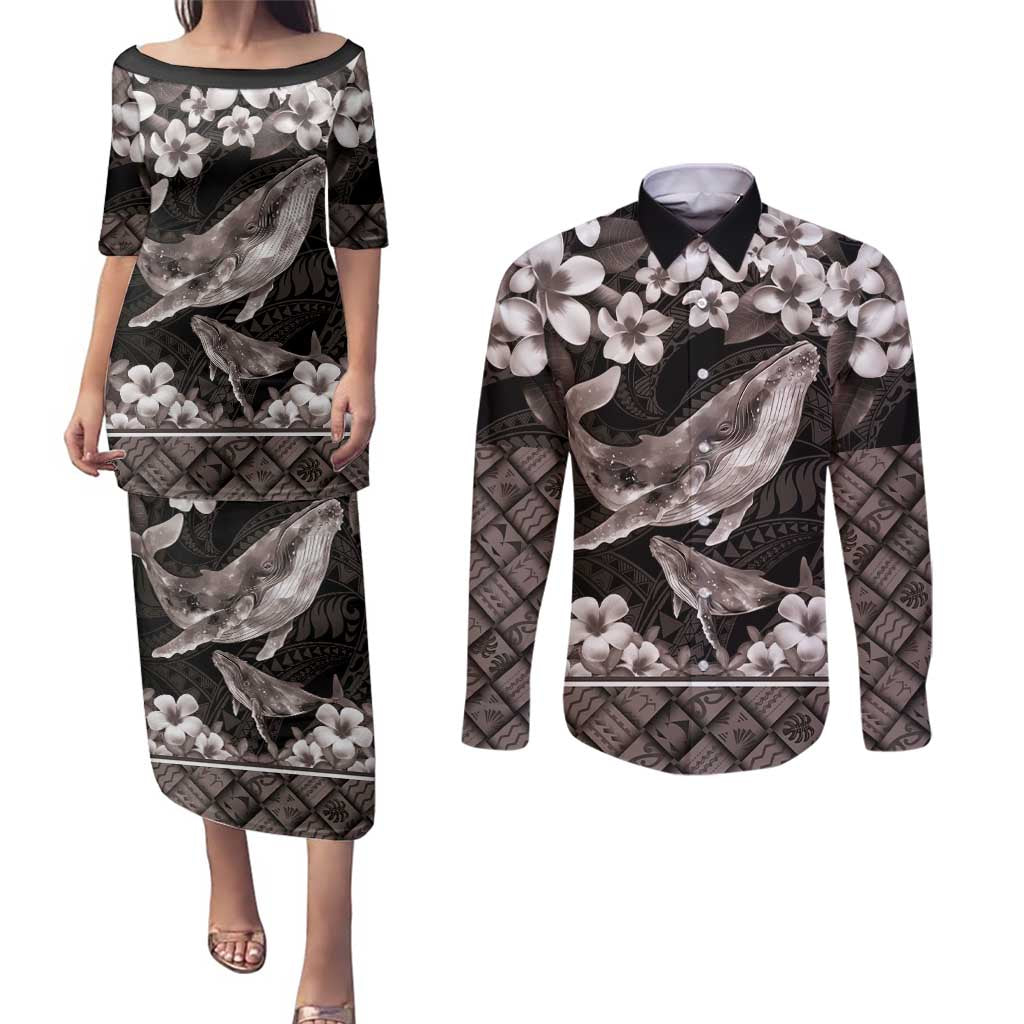 Hawaiian Plumeria and Humpback Whales Couples Matching Puletasi and Long Sleeve Button Shirt Polynerian Art Tattoo-Grayscale Mode LT03 Black - Polynesian Pride