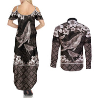 Hawaiian Plumeria and Humpback Whales Couples Matching Summer Maxi Dress and Long Sleeve Button Shirt Polynerian Art Tattoo-Grayscale Mode LT03 - Polynesian Pride