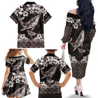 Hawaiian Plumeria and Humpback Whales Family Matching Off The Shoulder Long Sleeve Dress and Hawaiian Shirt Polynerian Art Tattoo-Grayscale Mode