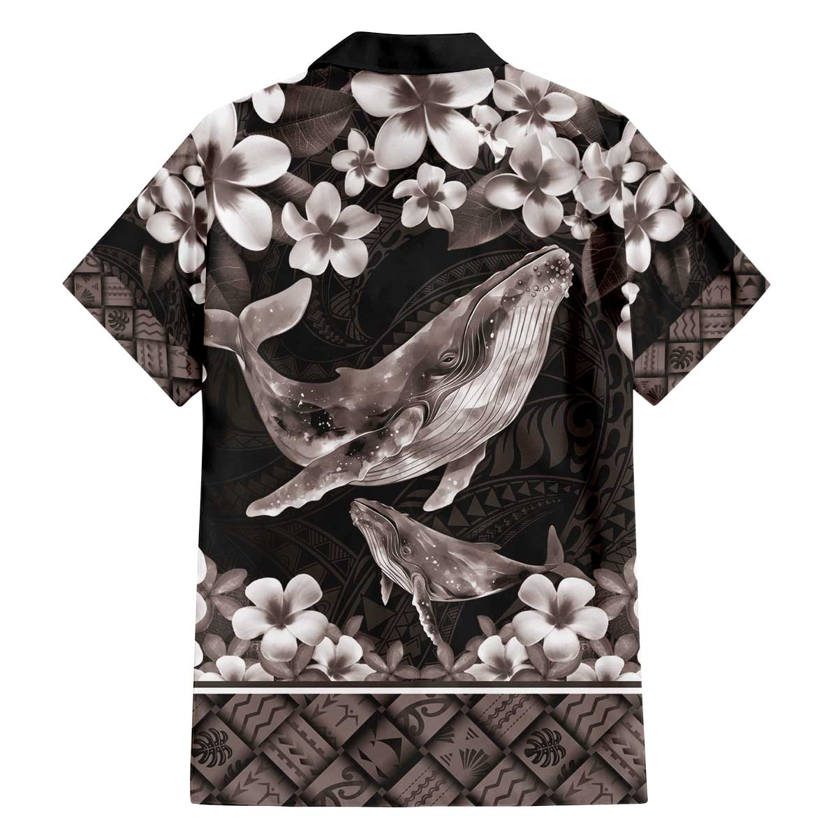 Hawaiian Plumeria and Humpback Whales Family Matching Off The Shoulder Long Sleeve Dress and Hawaiian Shirt Polynerian Art Tattoo-Grayscale Mode