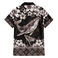 Hawaiian Plumeria and Humpback Whales Family Matching Off The Shoulder Long Sleeve Dress and Hawaiian Shirt Polynerian Art Tattoo-Grayscale Mode