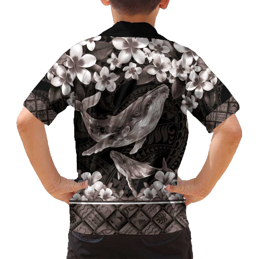 Hawaiian Plumeria and Humpback Whales Family Matching Off Shoulder Short Dress and Hawaiian Shirt Polynerian Art Tattoo-Grayscale Mode