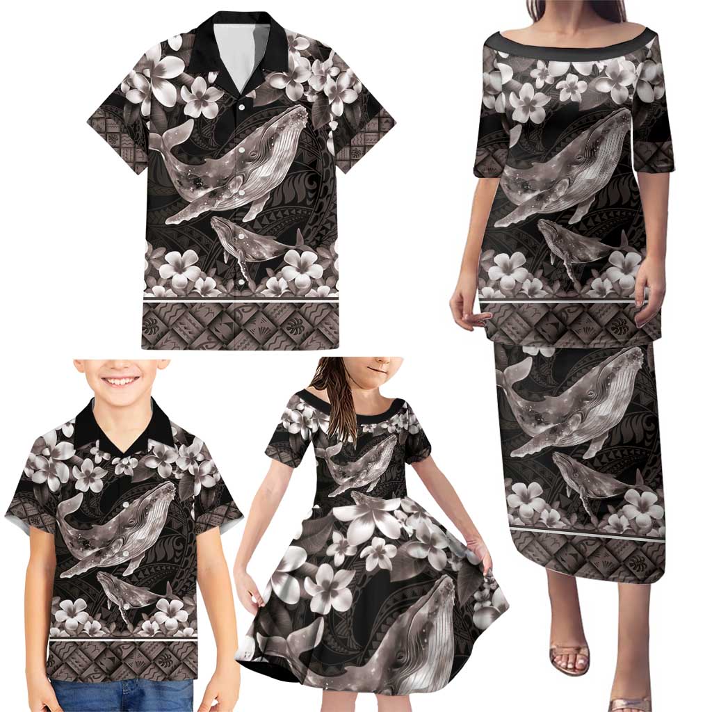 Hawaiian Plumeria and Humpback Whales Family Matching Puletasi and Hawaiian Shirt Polynerian Art Tattoo-Grayscale Mode