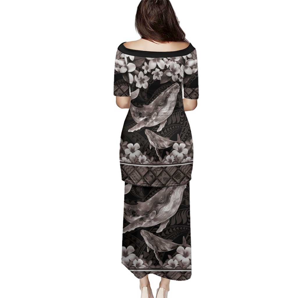 Hawaiian Plumeria and Humpback Whales Family Matching Puletasi and Hawaiian Shirt Polynerian Art Tattoo-Grayscale Mode