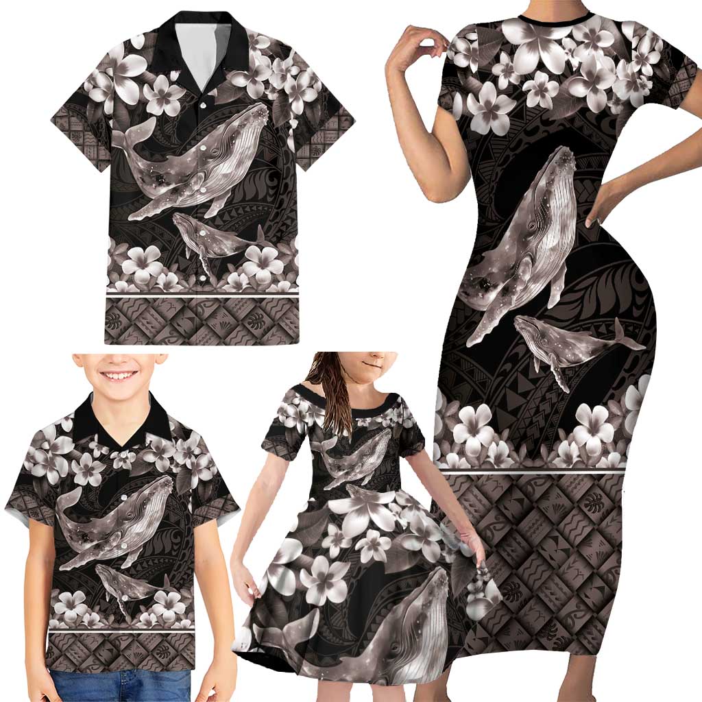 Hawaiian Plumeria and Humpback Whales Family Matching Short Sleeve Bodycon Dress and Hawaiian Shirt Polynerian Art Tattoo-Grayscale Mode