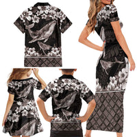 Hawaiian Plumeria and Humpback Whales Family Matching Short Sleeve Bodycon Dress and Hawaiian Shirt Polynerian Art Tattoo-Grayscale Mode