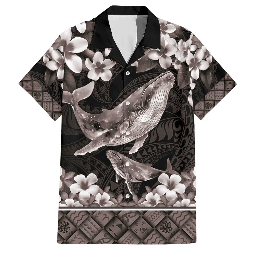 Hawaiian Plumeria and Humpback Whales Family Matching Short Sleeve Bodycon Dress and Hawaiian Shirt Polynerian Art Tattoo-Grayscale Mode
