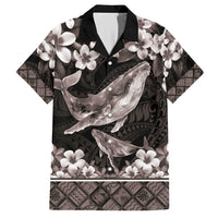 Hawaiian Plumeria and Humpback Whales Family Matching Short Sleeve Bodycon Dress and Hawaiian Shirt Polynerian Art Tattoo-Grayscale Mode