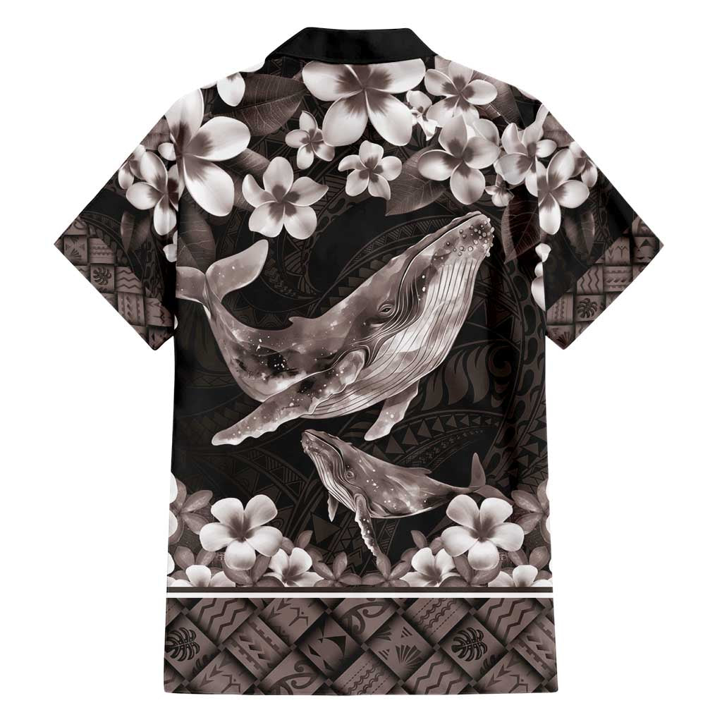 Hawaiian Plumeria and Humpback Whales Family Matching Short Sleeve Bodycon Dress and Hawaiian Shirt Polynerian Art Tattoo-Grayscale Mode
