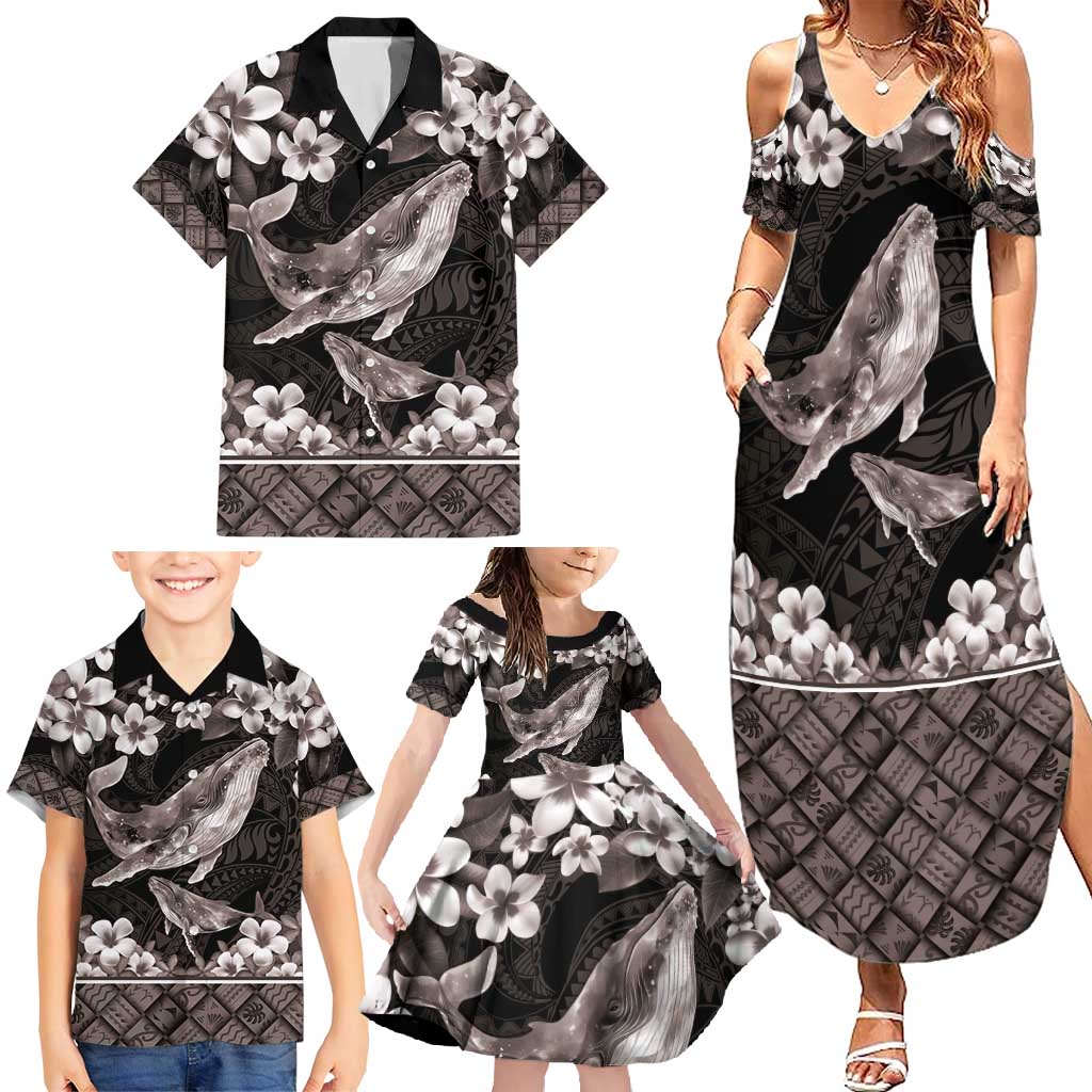 Hawaiian Plumeria and Humpback Whales Family Matching Summer Maxi Dress and Hawaiian Shirt Polynerian Art Tattoo-Grayscale Mode