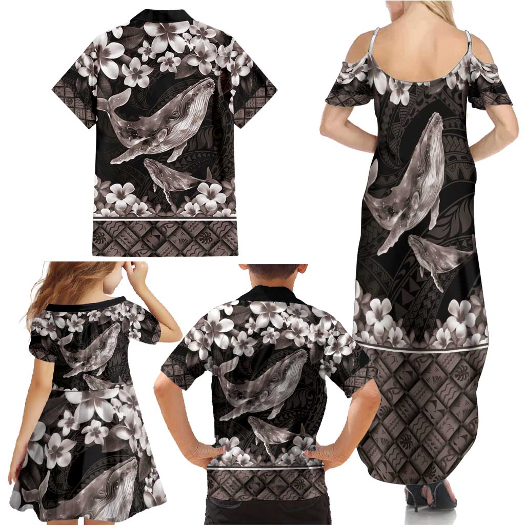 Hawaiian Plumeria and Humpback Whales Family Matching Summer Maxi Dress and Hawaiian Shirt Polynerian Art Tattoo-Grayscale Mode