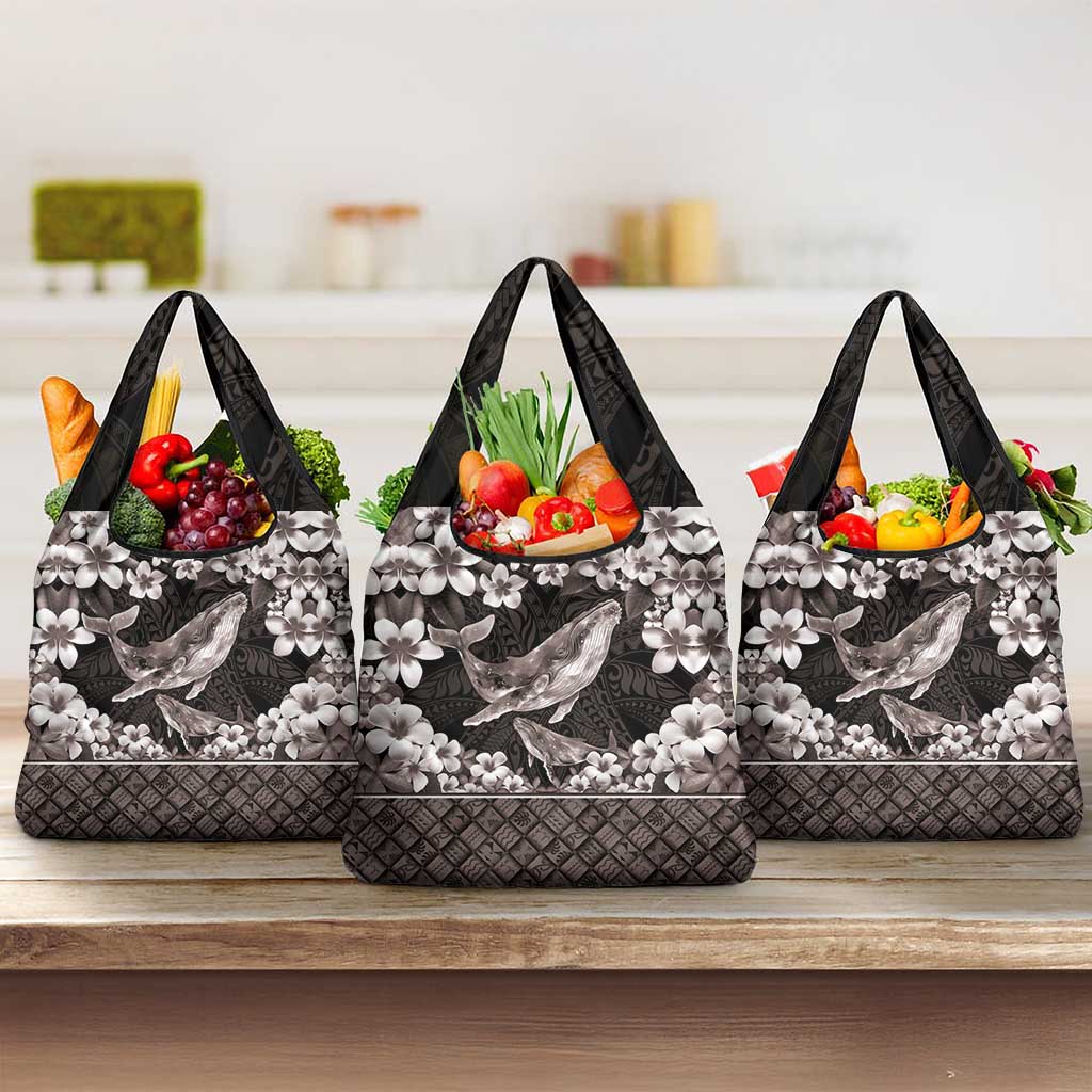 Hawaiian Plumeria and Humpback Whales Grocery Bag Polynerian Art Tattoo-Grayscale Mode