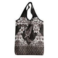 Hawaiian Plumeria and Humpback Whales Grocery Bag Polynerian Art Tattoo-Grayscale Mode