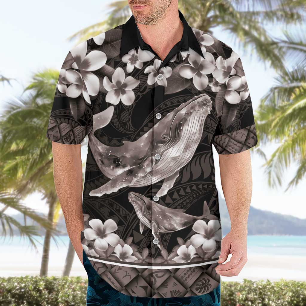 Hawaiian Plumeria and Humpback Whales Hawaiian Shirt Polynerian Art Tattoo-Grayscale Mode LT03 - Polynesian Pride