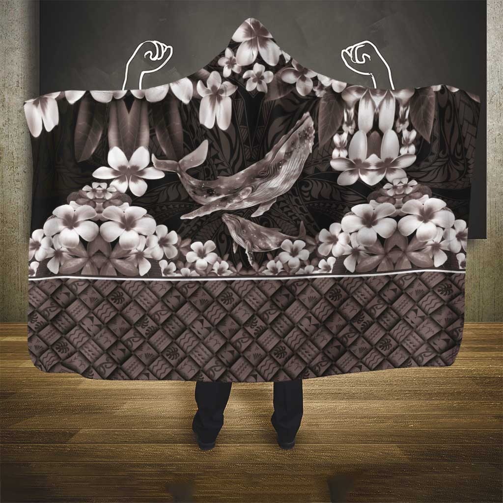 Hawaiian Plumeria and Humpback Whales Hooded Blanket Polynerian Art Tattoo-Grayscale Mode LT03 - Polynesian Pride