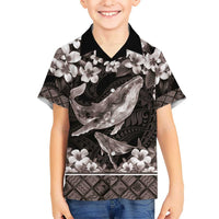 Hawaiian Plumeria and Humpback Whales Kid Hawaiian Shirt Polynerian Art Tattoo-Grayscale Mode