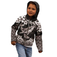 Hawaiian Plumeria and Humpback Whales Kid Hoodie Polynerian Art Tattoo-Grayscale Mode
