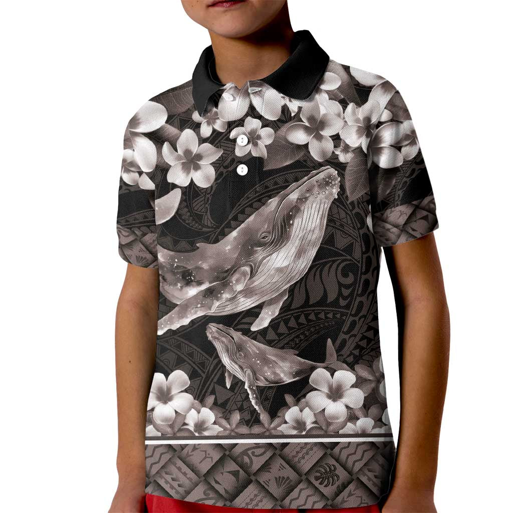 Hawaiian Plumeria and Humpback Whales Kid Polo Shirt Polynerian Art Tattoo-Grayscale Mode