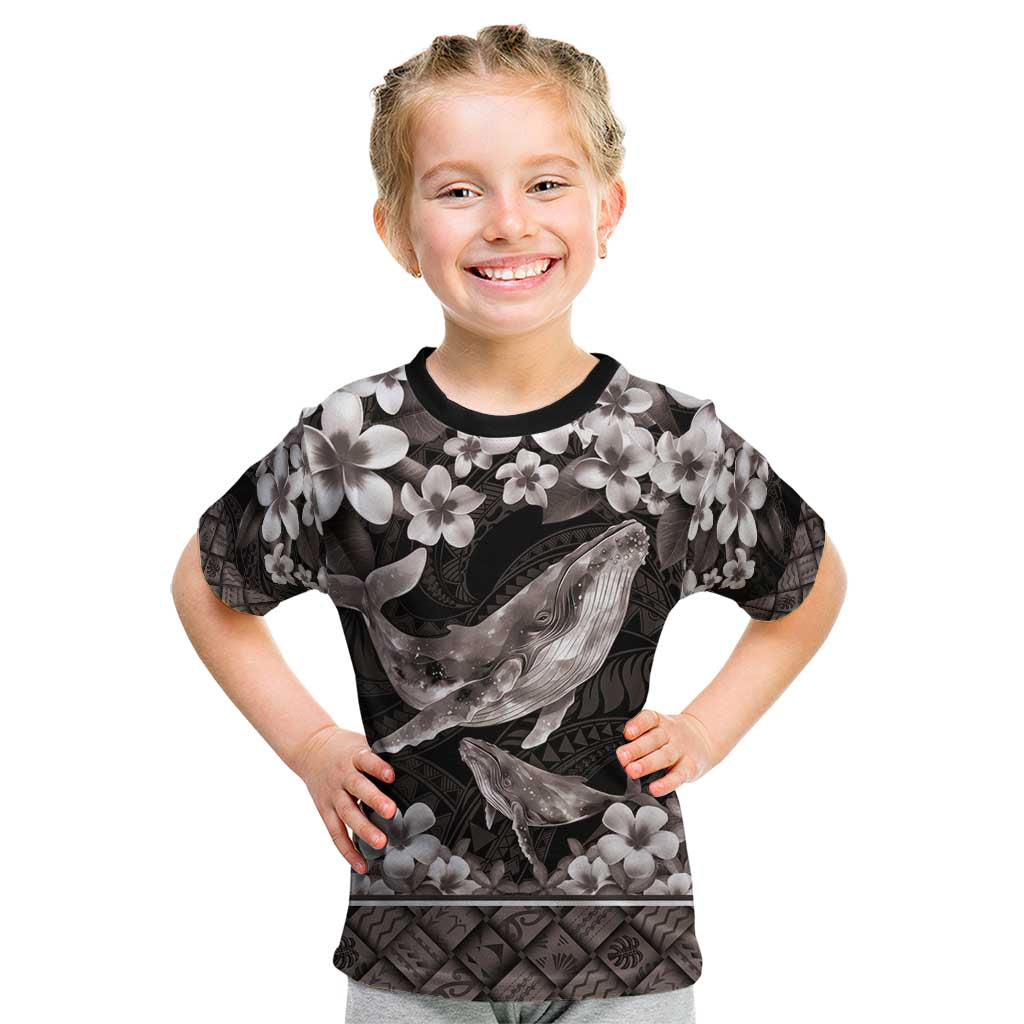Hawaiian Plumeria and Humpback Whales Kid T Shirt Polynerian Art Tattoo-Grayscale Mode