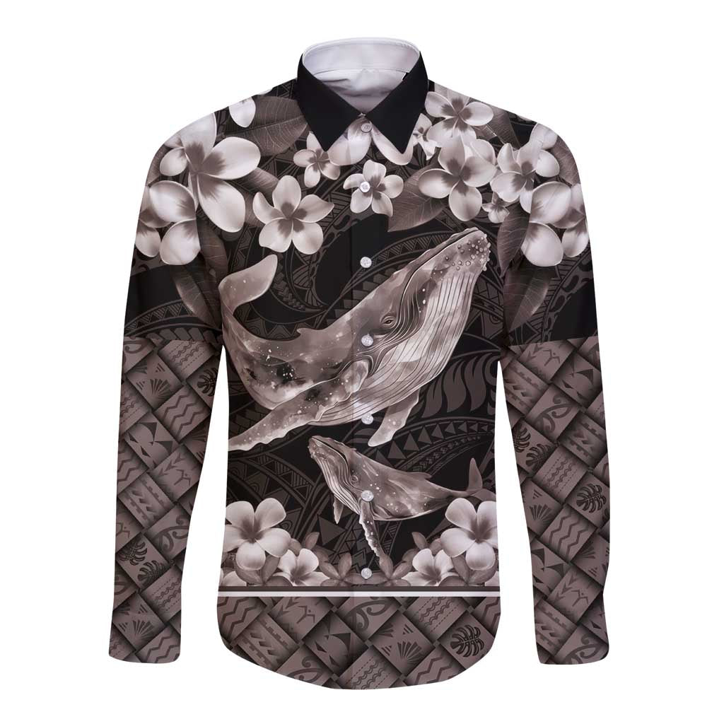 Hawaiian Plumeria and Humpback Whales Long Sleeve Button Shirt Polynerian Art Tattoo-Grayscale Mode LT03 Unisex Black - Polynesian Pride