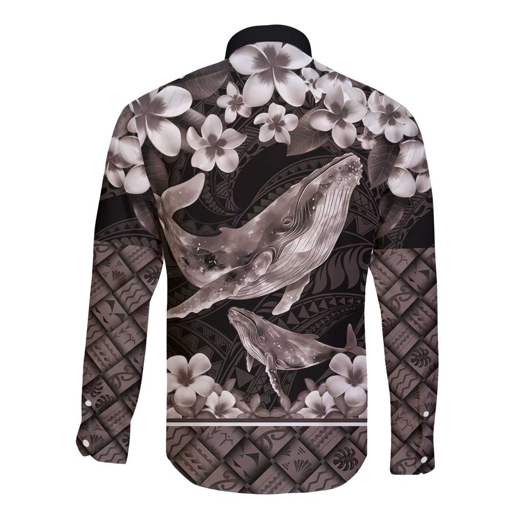 Hawaiian Plumeria and Humpback Whales Long Sleeve Button Shirt Polynerian Art Tattoo-Grayscale Mode LT03 - Polynesian Pride