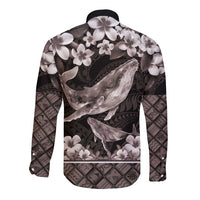 Hawaiian Plumeria and Humpback Whales Long Sleeve Button Shirt Polynerian Art Tattoo-Grayscale Mode LT03 - Polynesian Pride