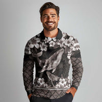 Hawaiian Plumeria and Humpback Whales Long Sleeve Polo Shirt Polynerian Art Tattoo-Grayscale Mode
