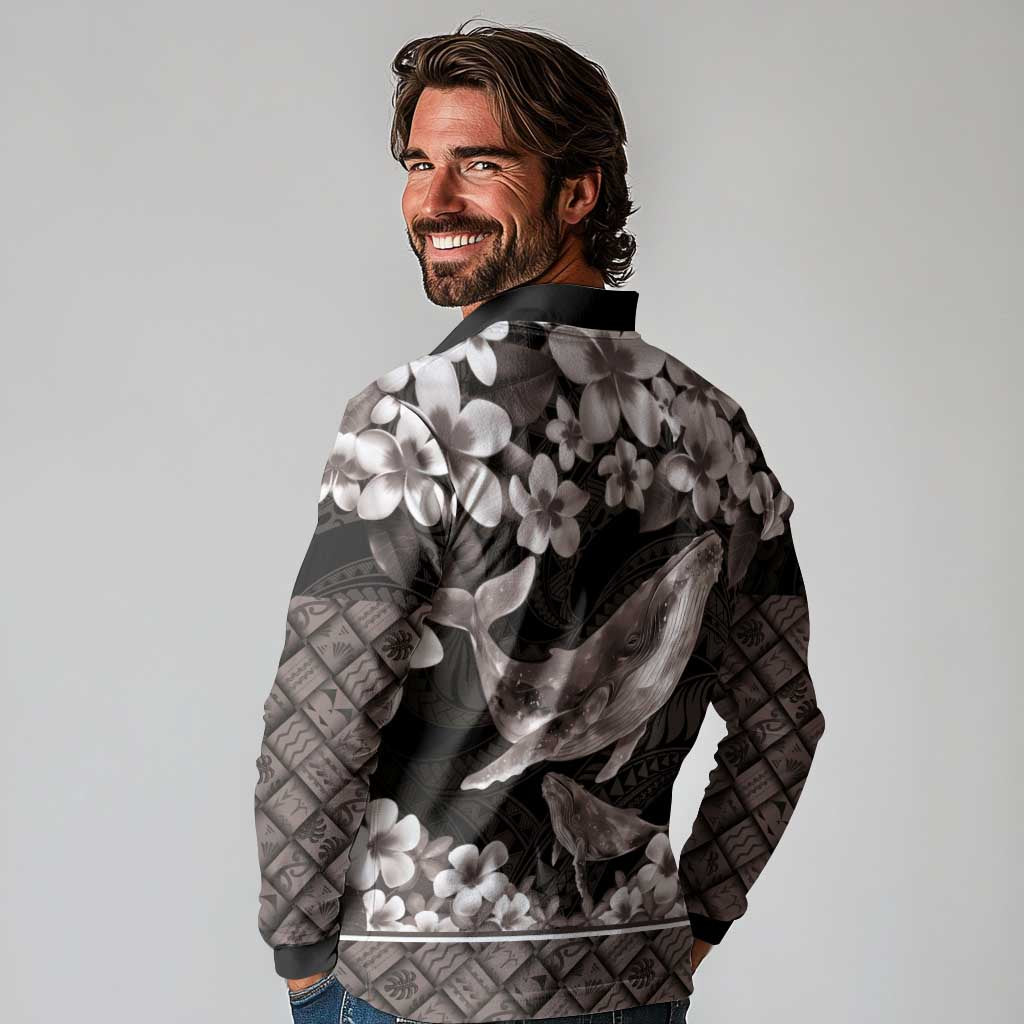 Hawaiian Plumeria and Humpback Whales Long Sleeve Polo Shirt Polynerian Art Tattoo-Grayscale Mode