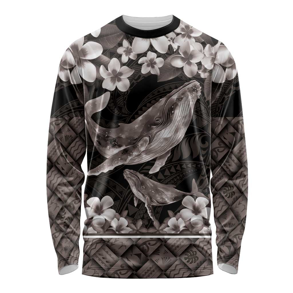 Hawaiian Plumeria and Humpback Whales Long Sleeve Shirt Polynerian Art Tattoo-Grayscale Mode LT03 Unisex Black - Polynesian Pride