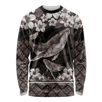 Hawaiian Plumeria and Humpback Whales Long Sleeve Shirt Polynerian Art Tattoo-Grayscale Mode LT03 Unisex Black - Polynesian Pride