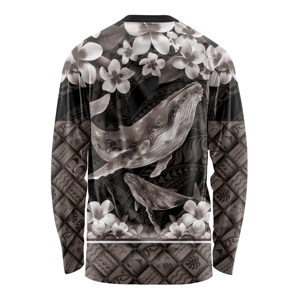 Hawaiian Plumeria and Humpback Whales Long Sleeve Shirt Polynerian Art Tattoo-Grayscale Mode LT03 - Polynesian Pride