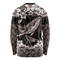 Hawaiian Plumeria and Humpback Whales Long Sleeve Shirt Polynerian Art Tattoo-Grayscale Mode LT03 - Polynesian Pride