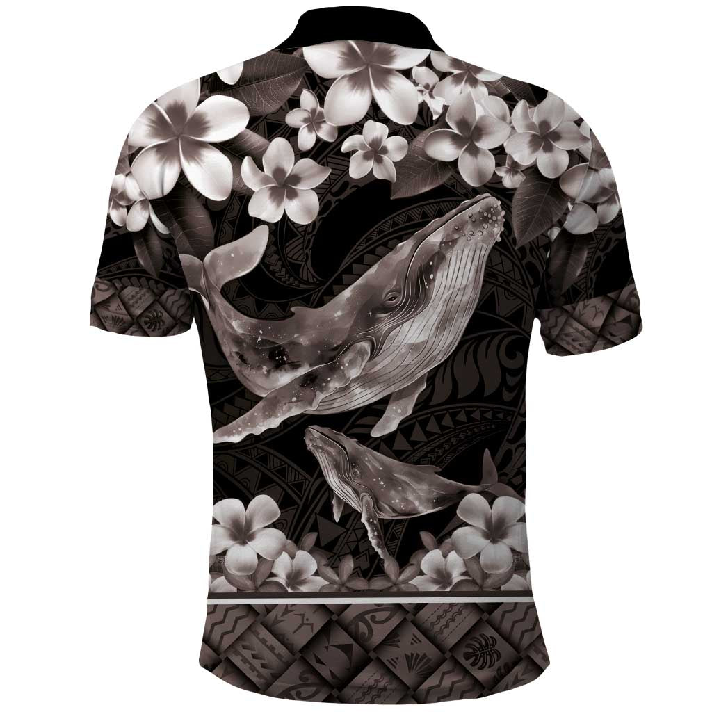 Hawaiian Plumeria and Humpback Whales Polo Shirt Polynerian Art Tattoo-Grayscale Mode