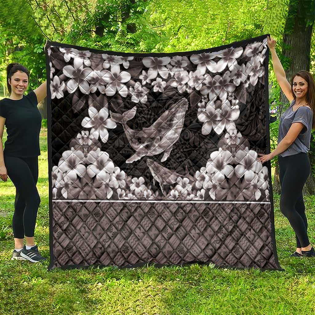 Hawaiian Plumeria and Humpback Whales Quilt Polynerian Art Tattoo-Grayscale Mode