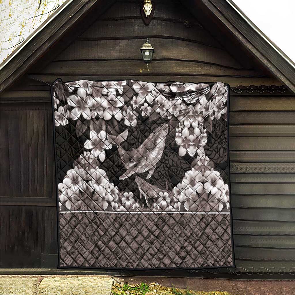Hawaiian Plumeria and Humpback Whales Quilt Polynerian Art Tattoo-Grayscale Mode