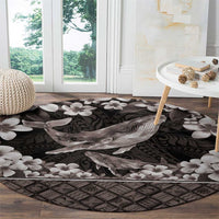 Hawaiian Plumeria and Humpback Whales Round Carpet Polynerian Art Tattoo-Grayscale Mode