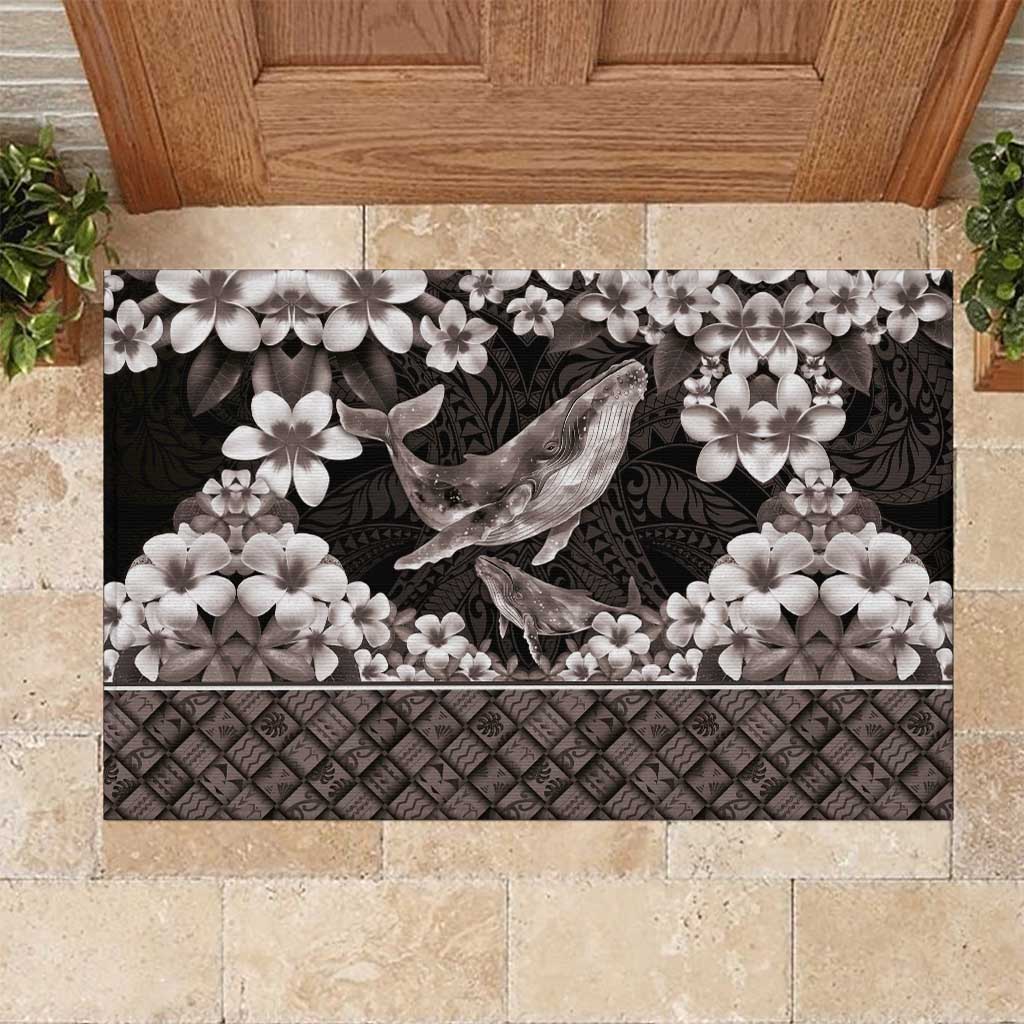 Hawaiian Plumeria and Humpback Whales Rubber Doormat Polynerian Art Tattoo-Grayscale Mode LT03 Black - Polynesian Pride