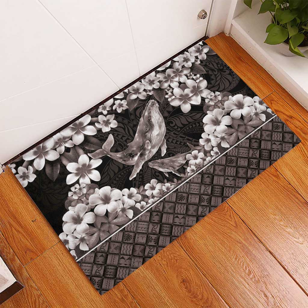 Hawaiian Plumeria and Humpback Whales Rubber Doormat Polynerian Art Tattoo-Grayscale Mode LT03 - Polynesian Pride