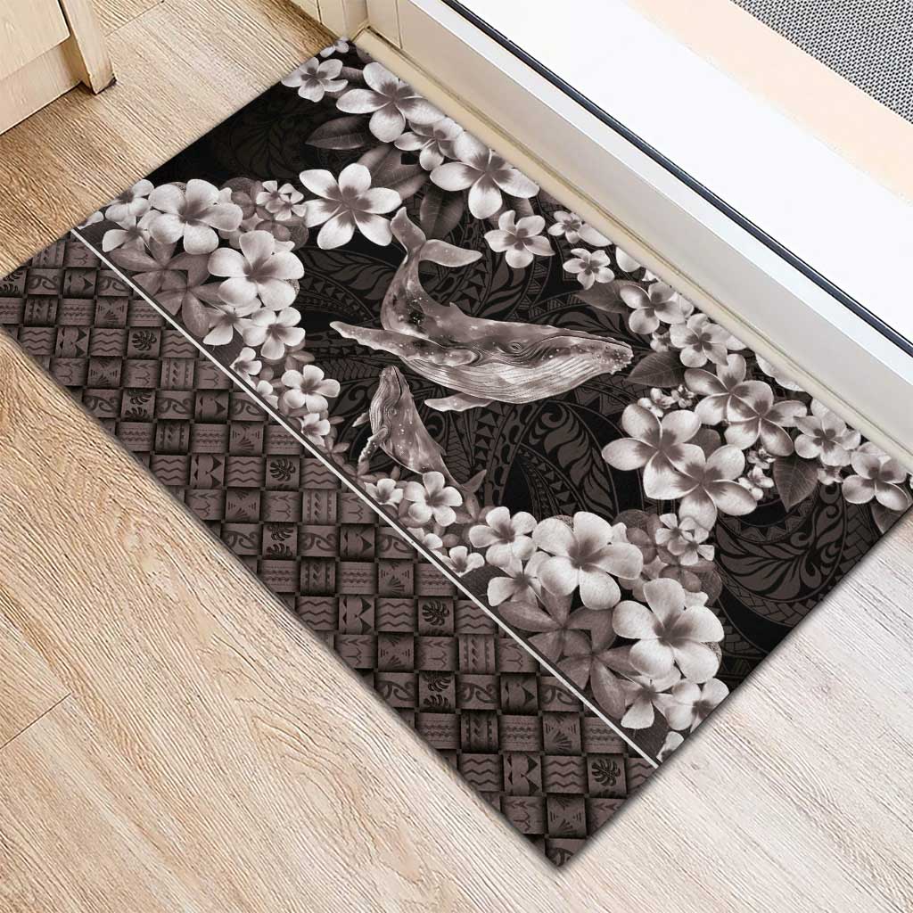 Hawaiian Plumeria and Humpback Whales Rubber Doormat Polynerian Art Tattoo-Grayscale Mode LT03 - Polynesian Pride