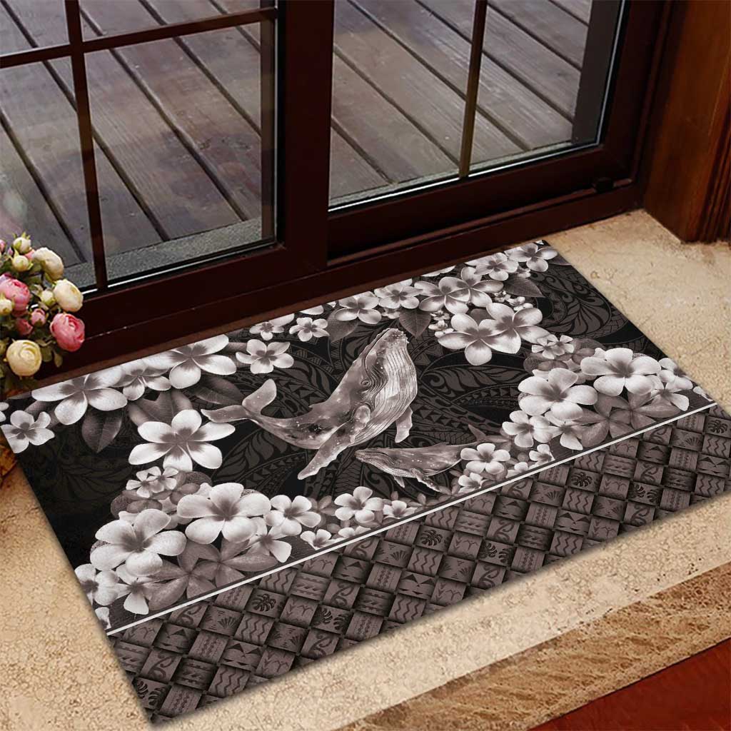 Hawaiian Plumeria and Humpback Whales Rubber Doormat Polynerian Art Tattoo-Grayscale Mode LT03 - Polynesian Pride