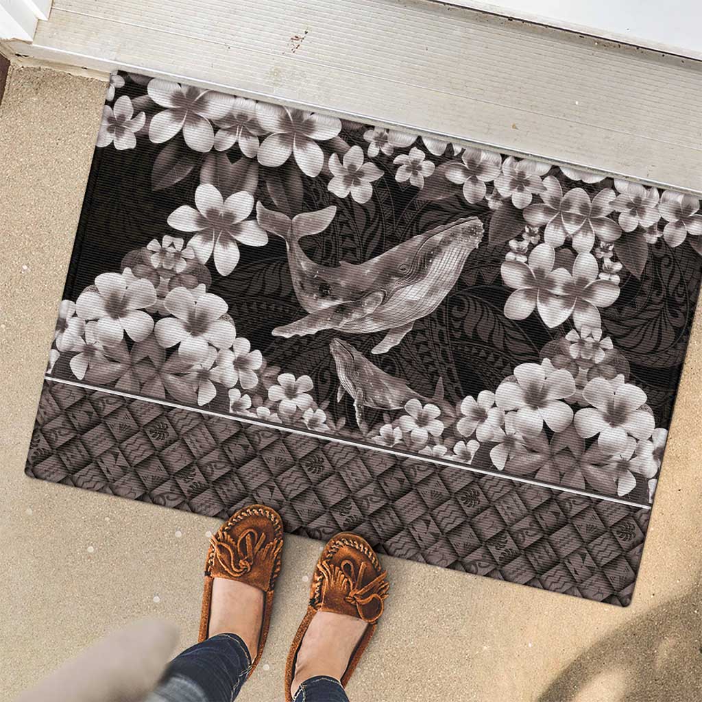 Hawaiian Plumeria and Humpback Whales Rubber Doormat Polynerian Art Tattoo-Grayscale Mode LT03 - Polynesian Pride