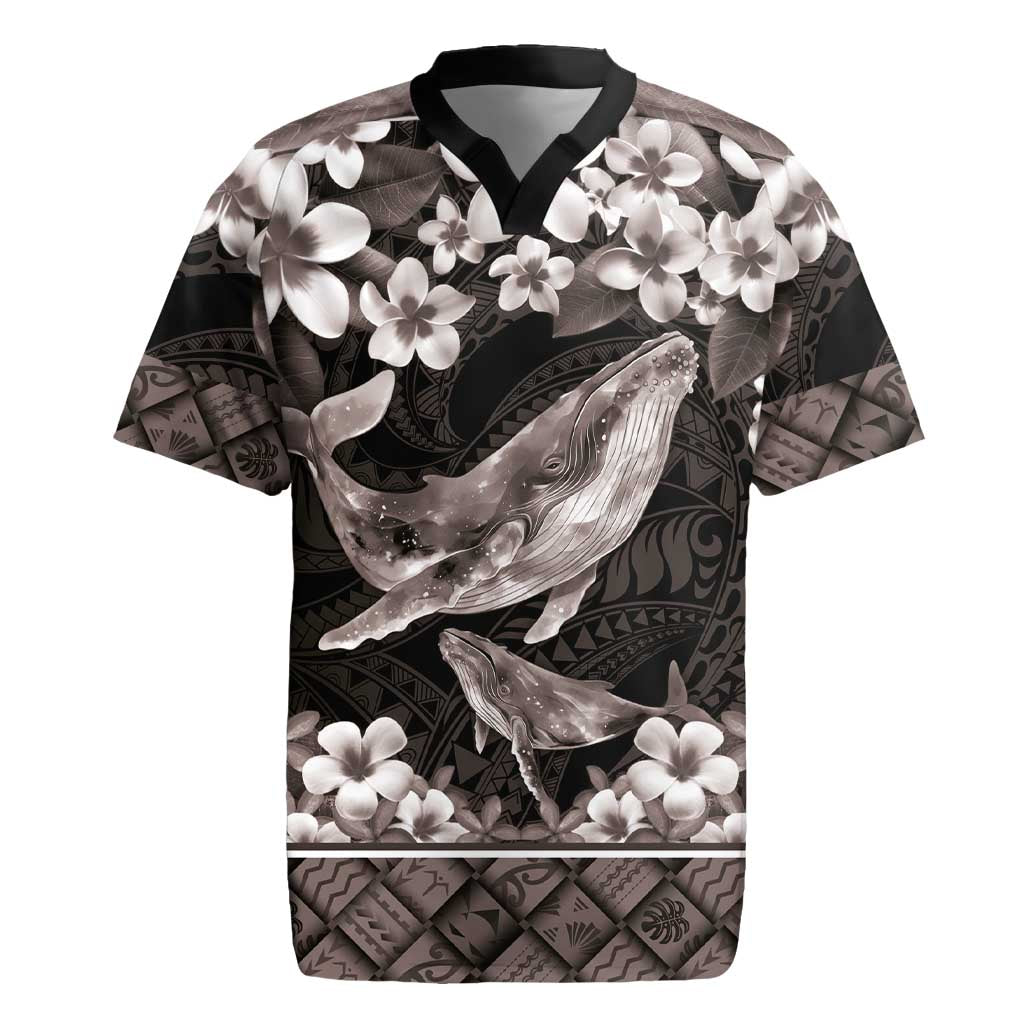 Hawaiian Plumeria and Humpback Whales Rugby Jersey Polynerian Art Tattoo-Grayscale Mode