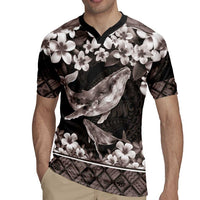 Hawaiian Plumeria and Humpback Whales Rugby Jersey Polynerian Art Tattoo-Grayscale Mode