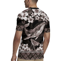 Hawaiian Plumeria and Humpback Whales Rugby Jersey Polynerian Art Tattoo-Grayscale Mode