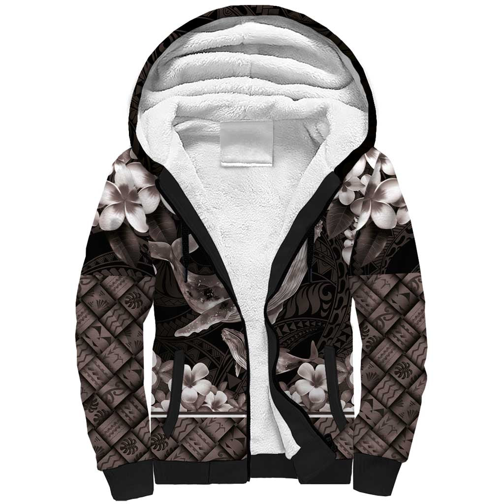 Hawaiian Plumeria and Humpback Whales Sherpa Hoodie Polynerian Art Tattoo-Grayscale Mode LT03 Unisex Black - Polynesian Pride
