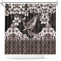 Hawaiian Plumeria and Humpback Whales Shower Curtain Polynerian Art Tattoo-Grayscale Mode