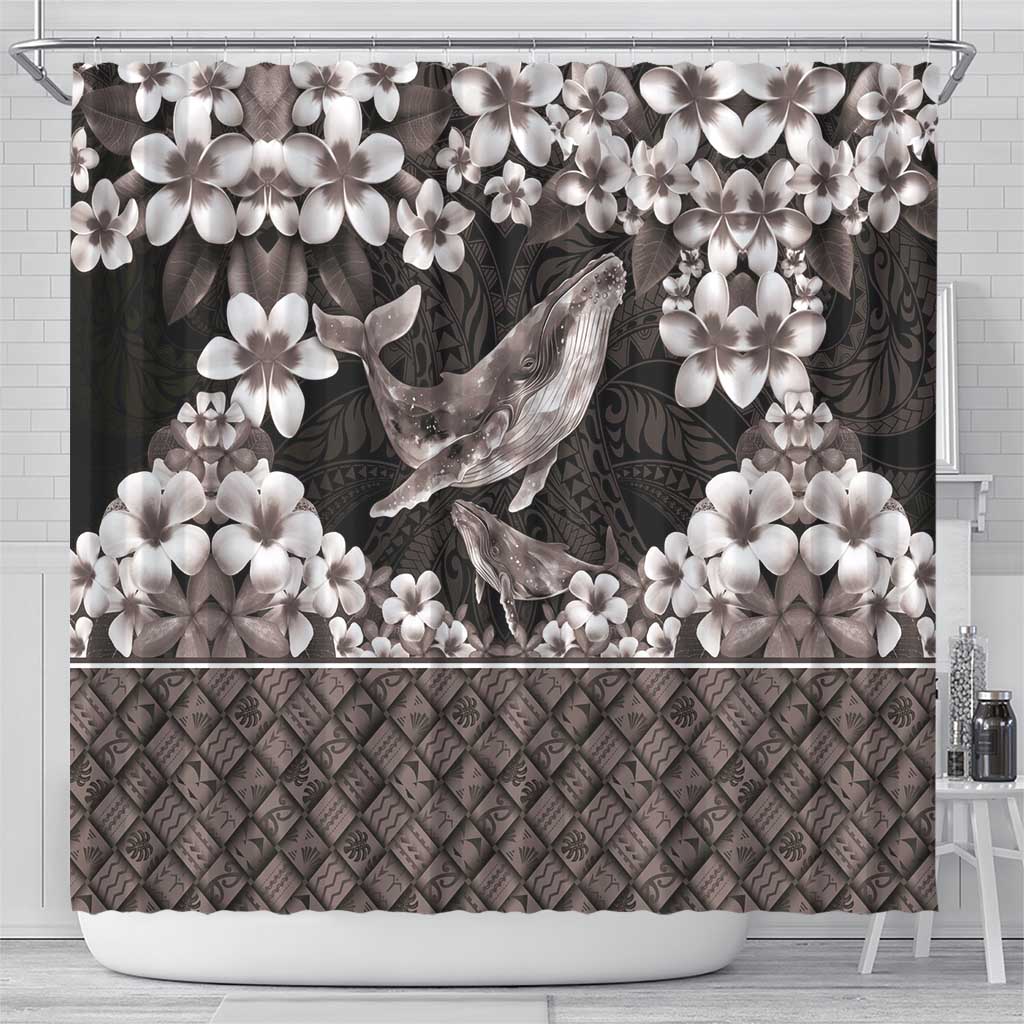 Hawaiian Plumeria and Humpback Whales Shower Curtain Polynerian Art Tattoo-Grayscale Mode